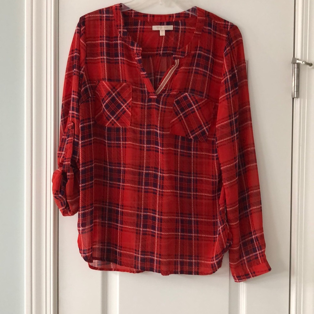 Red plaid polyester blouse